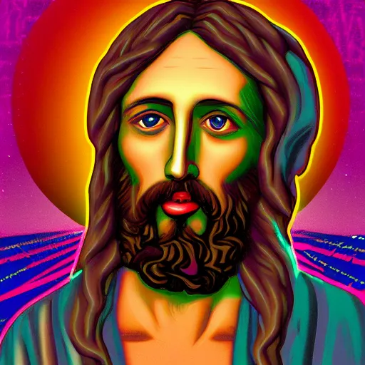 Prompt: Digital art of Jezus Christ as a cool dude in vaporwave style, 8k, trending on artstation, hyper realistic, award winning art,