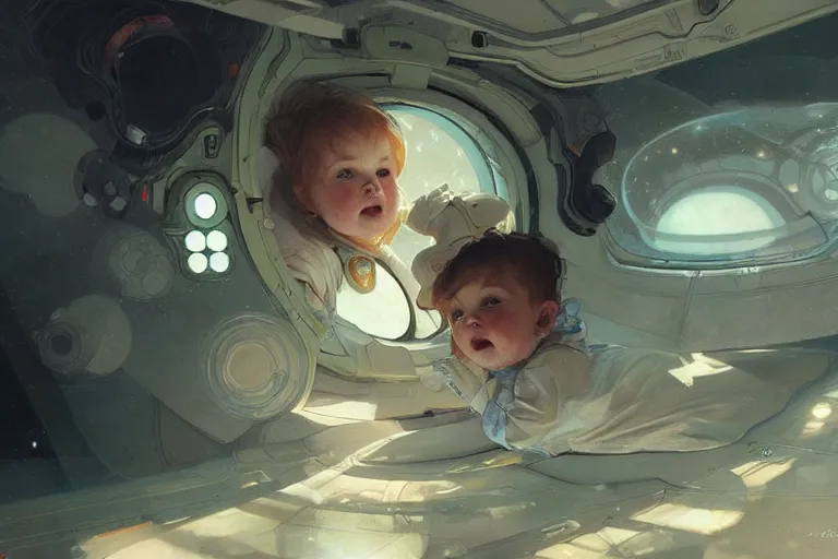 Image similar to A baby in a spaceship highly detailed, digital painting, artstation, the space background,concept art, sharp focus, illustration, art by Krenz Cushart and Artem Demura and alphonse mucha