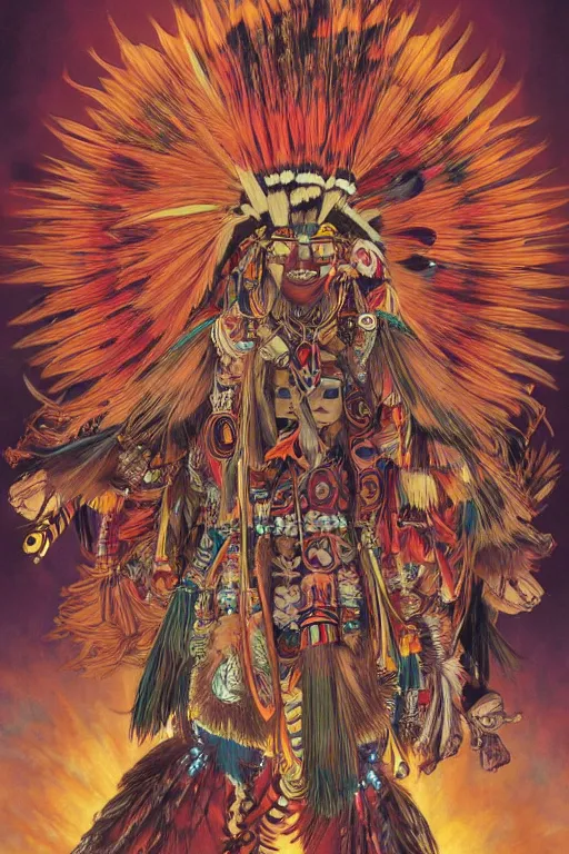 Prompt: serene scene of an apache kachina dancing around a fire while the apache tribe observes, by artgerm and yoshitaka amano and moebius and alphonse mucha, hyperdetailed, dc comics, ornate, nebula, explosions in the sky, trending on artstation