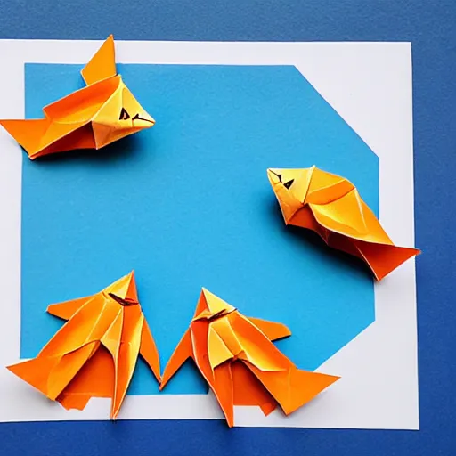 Prompt: origami sea creatures in a paper ocean diorama