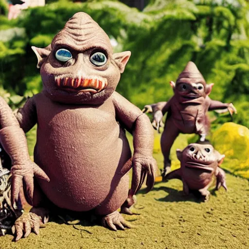 Image similar to autochrome photo of vintage disgusting brown Boglins, plastic goblin monster toys in a backyard garden, kaiju, oni, realistic