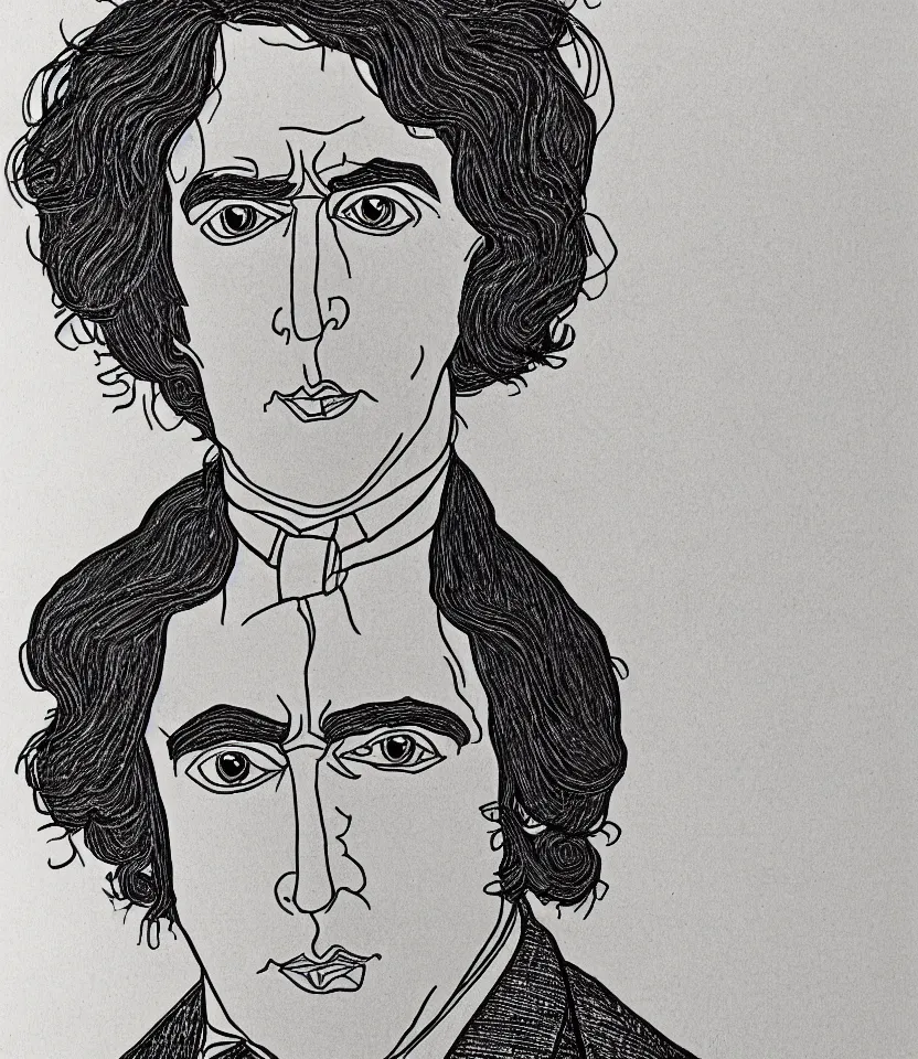 Image similar to detailed line art portrait of oscar wilde, inspired by egon schiele. caricatural, minimalist, bold contour lines, musicality, soft twirls curls and curves, confident personality, raw emotion