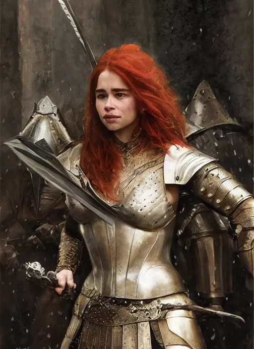 Image similar to short muscular redheaded woman wearing realistic medieval armour, emilia clarke, staring seductively, detailed by gaston bussiere, bayard wu, greg rutkowski, giger, maxim verehin, greg rutkowski, masterpiece, sharp focus, cinematic lightning