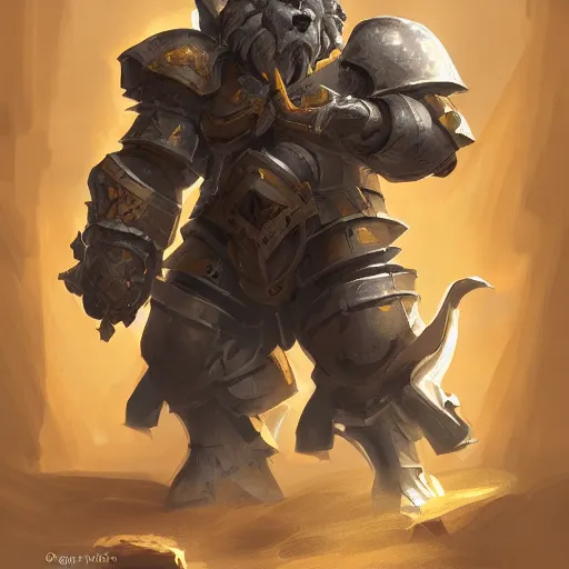 Prompt: yellow heavy armored knight with the head of a lion, lion head, epic fantasy style, in the style of Greg Rutkowski, hearthstone artwork