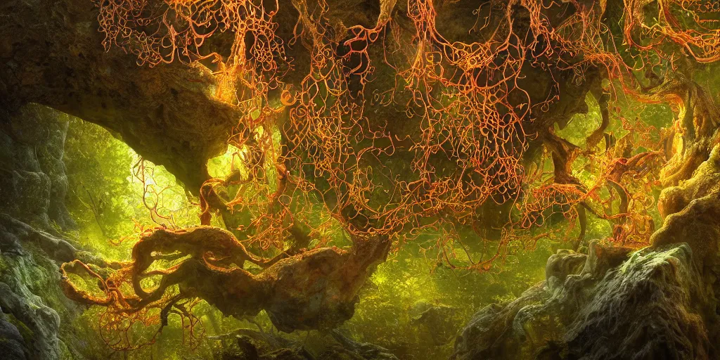 Image similar to Photorealistic intricate detailed picture of a levitating floating spirit with arms outstretched, made from colourful fungus tendrils. a gentle rising mist, an epic rocky landscape. occult photorealism, UHD, amazing depth, glowing, golden ratio, 3D octane cycle unreal engine 5, volumetric lighting, cinematic lighting, cgstation artstation concept art