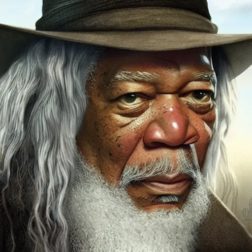 Image similar to morgan freeman starring as gandalf in lord of the rings, high detail shot, smoking, render, cgsociety, photorealism