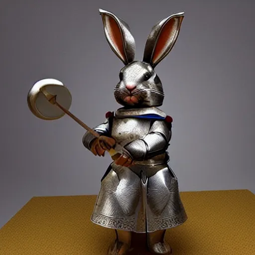 Prompt: hyper realistic bunny in shining knight armor.