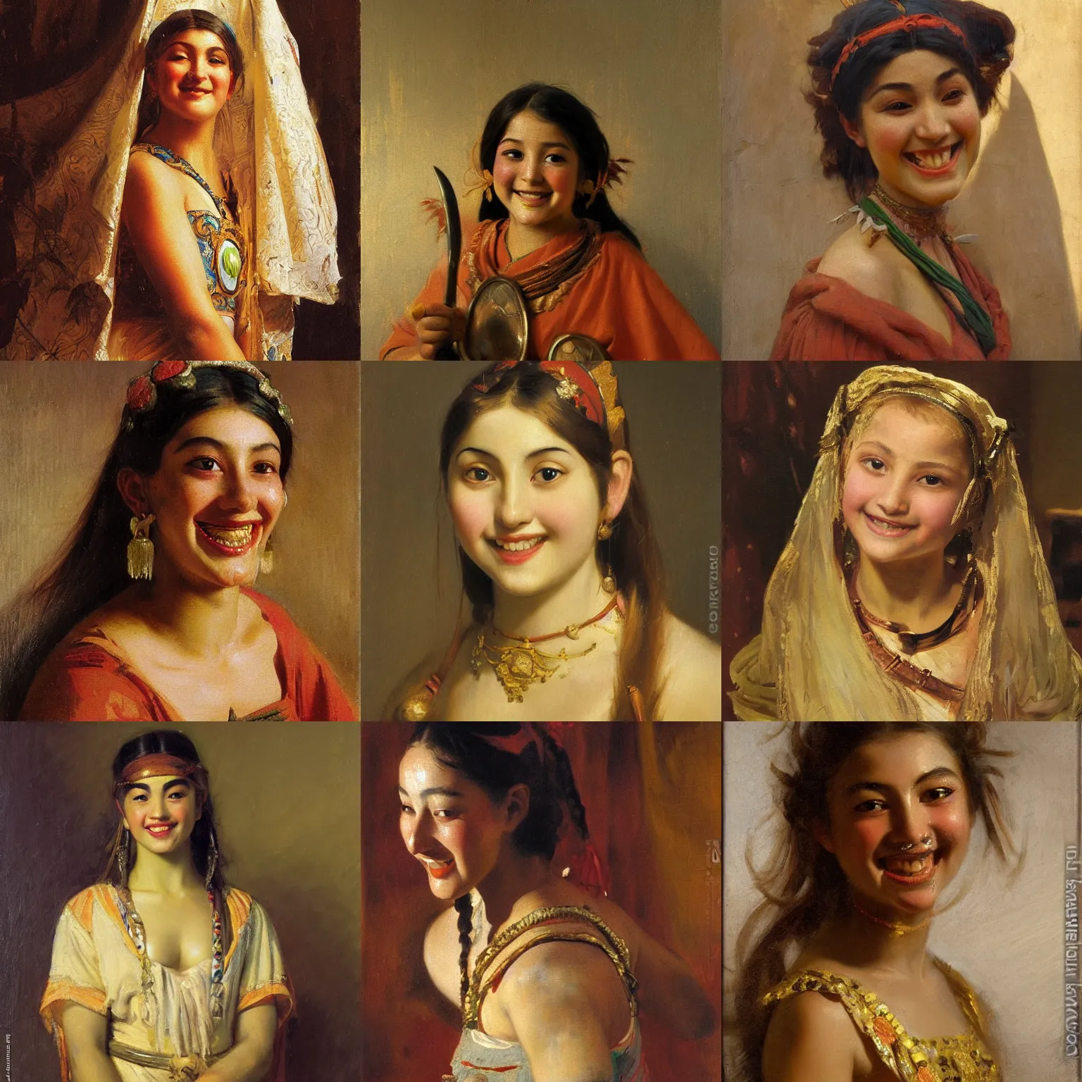 Prompt: orientalism painting of a cute young woman with buck tooth smile face detail by theodore ralli and nasreddine dinet and anders zorn and edwin longsden long, bronze age, sword and sorcery, oil on canvas, masterful intricate artwork, excellent lighting, high detail 8 k