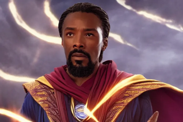 Prompt: film still of dark-skinned Jesus Christ as Doctor Strange in new Avengers film, 4k