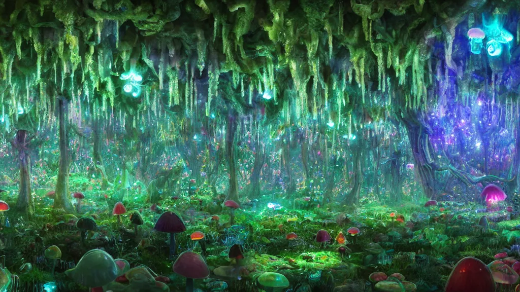 Prompt: 8k, acid trip, hall of mirrors, ultra detailed, a hyperrealistic image of a mycelium forest with neon glowing mushrooms, with magical creatures, by makoto shinkai, trending on patreon, artstation, deviantart. Unreal engine