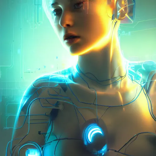 Image similar to artificial intelligence, server in the middle, deep view, heavy blue led lights, wires connected, award winning photography, extremely detailed, artstation, 8 k, sensual lighting, incredible art, wlop, artgerm