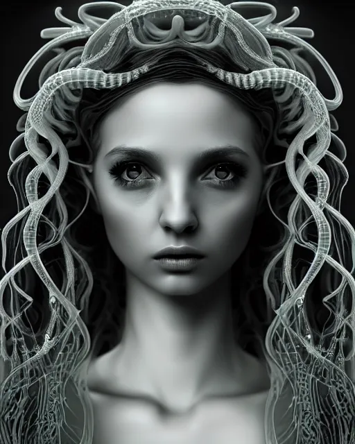 Image similar to mythical dreamy underwater artistic black and white 3 d render of a translucent beautiful young female angelic - medusa - vegetal - doll, highly detailed, intricate crystal ivy jelly ornate, poetic, translucent algae ornate, digital art, octane render, 8 k artistic photography, photo - realistic, hg giger flora borsi