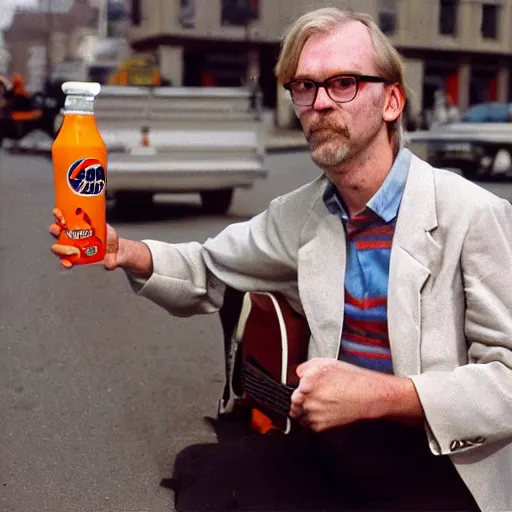 Image similar to hugh hopper on a street corner eating an orange and sipping pepsi