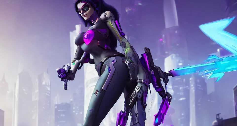 Image similar to widowmaker, overwatch, cyberpunk background, digital art, high detailed, octane render, artstation, 3 d render