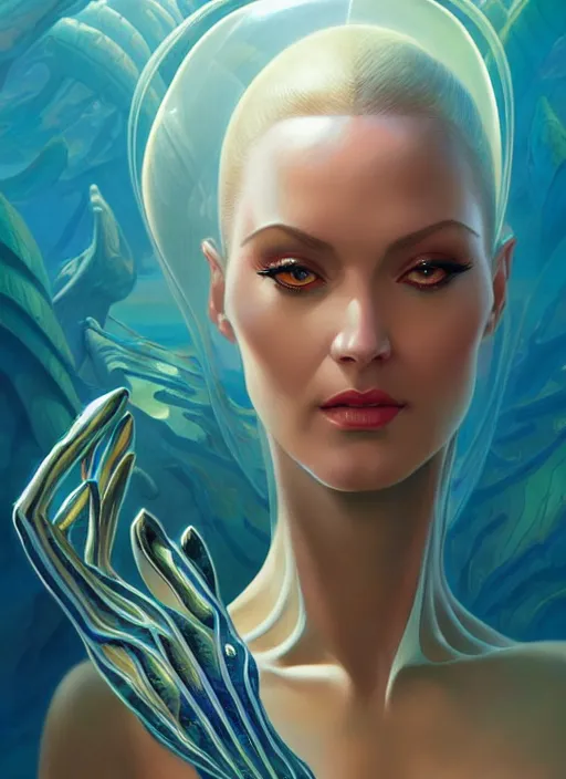 Image similar to face of a beautiful alien woman wearing shiny plastic armor in the style of roger dean and alberto vargas and stefan kostic, realistic, sharp focus, 8 k high definition, insanely detailed, intricate, elegant, art by greg rutkowski and artgerm, extreme blur coral reef background