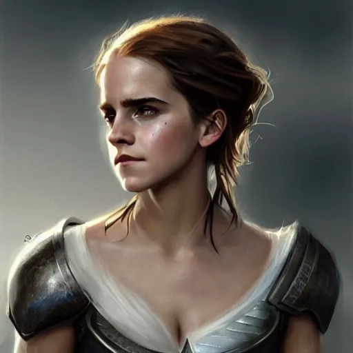 Prompt: drawing of emma watson wearing a knight armor, beautiful piercing eyes, hyper realistic face, in the style of greg rutkowski, fantasy, amazing detail, epic, elegant, smooth