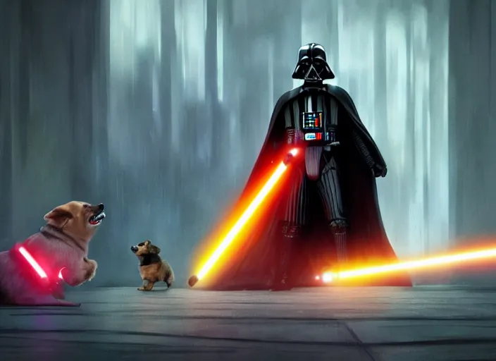 Image similar to a Photorealistic dramatic hyperrealistic render of darth vader with lightsaber drawn facing off against a calm cute corgi in battle, futuristic star wars vibe, by WLOP and Artgerm and Greg Rutkowski and Alphonse Mucha, Beautiful dynamic dramatic dark moody lighting, shadows, cinematic atmosphere, Artstation, concept design art, Octane render, 8K, masterpiece, sharp focus