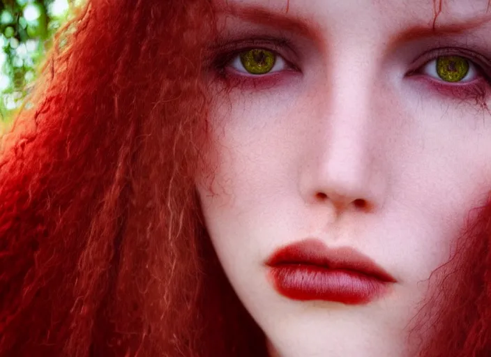 Image similar to award winning 3 5 mm close up face portrait photo of a redhead with blood - red wavy hair and intricate dragon eyes in a park by luis royo