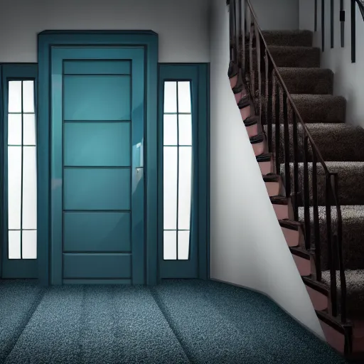 Image similar to dark nostalgic empty house with stairs in the middle and doors on either side, one door is closed and the door on the right is open to a blue bathroom, tan carpet