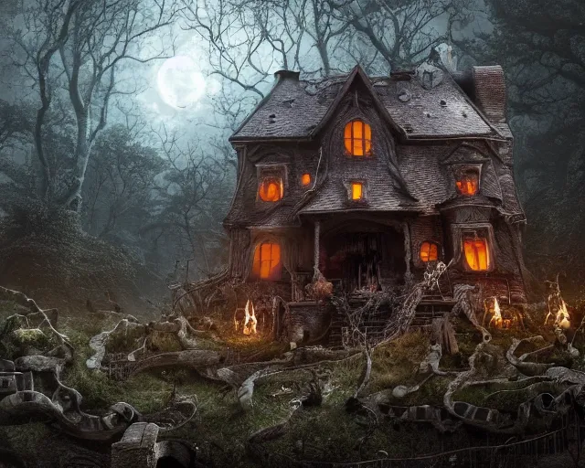 Prompt: the scariest witches house, giant snakes on the roof of the witch house, in the scariest dark forest, epic scene, dark, scary, horror, frightening, fantasy, cinematic, redshift render, cgi, hyper - detailed, photo - bash, 8 k post - production, masterpiece, in the style of greg rutkowski