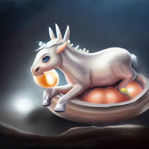 Image similar to a baby unicorn sleeping in an cracked egg, ultrarealistic, dramatic lighting, high details, 4 k, 8 k, best, accurate, trending on artstation, artstation, photorealism, ultrarealistic, digital painting, fantasy art