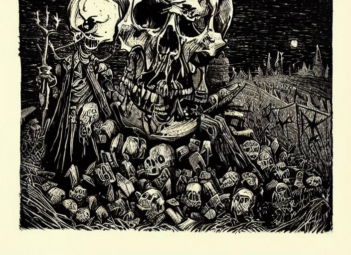 Image similar to blue woodcut print, cartoon halloween skull in graveyard at midnight by greg rutkowski, fine details, highly detailed