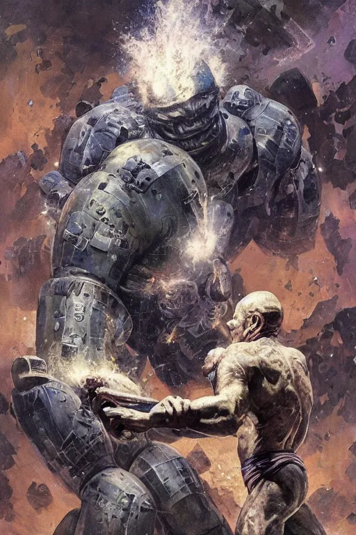 Image similar to full body portrait of martyn ford as huge golem attacking spaceship, dynamic action, by norman rockwell, jack kirby, jon berkey, earle bergey, craig mullins, ruan jia, jeremy mann, tom lovell, marvel, astounding stories, 5 0 s pulp illustration, scifi, fantasy