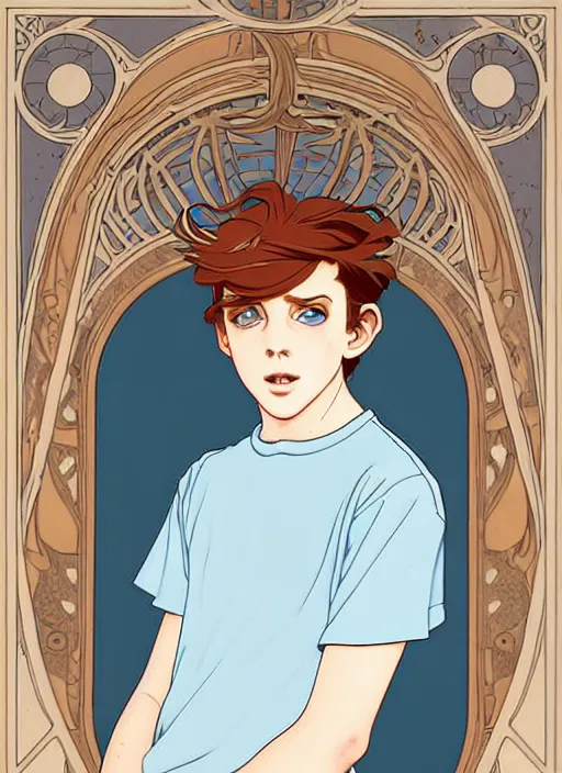 Image similar to art nouveau portrait of a teen boy with completely straight auburn hair, light blue eyes, pale skin, freckles, sad expression, t - shirt, modern casual clothing, natural lighting, path traced, highly detailed, high quality, cartoon, digital painting, by don bluth and ross tran and studio ghibli and alphonse mucha