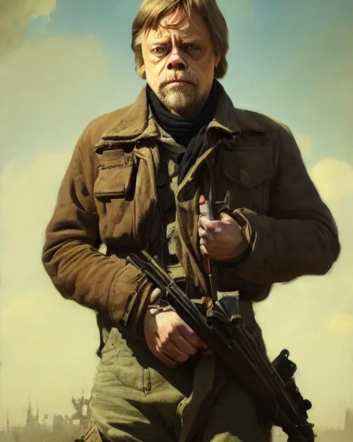 Image similar to mark hamill as a tired dystopian resistance fighter. dieselpunk steampunk art by greg rutkowski, gustave courbet, rosa bonheur, edward hopper. faithfully depicted facial expression, perfect anatomy, sharp focus, global illumination, radiant light, detailed and intricate environment, trending on artstation