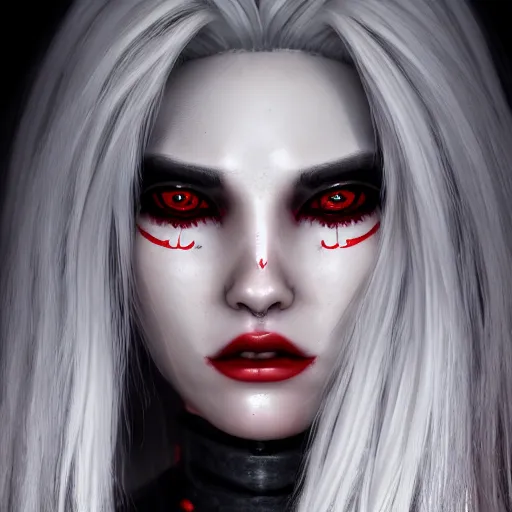 Image similar to a highly detailed portrait of a humanoid demon girl with white hair, red horns, in white clothes, artstation, deviantart, professional, unreal engine 5, photorealistic