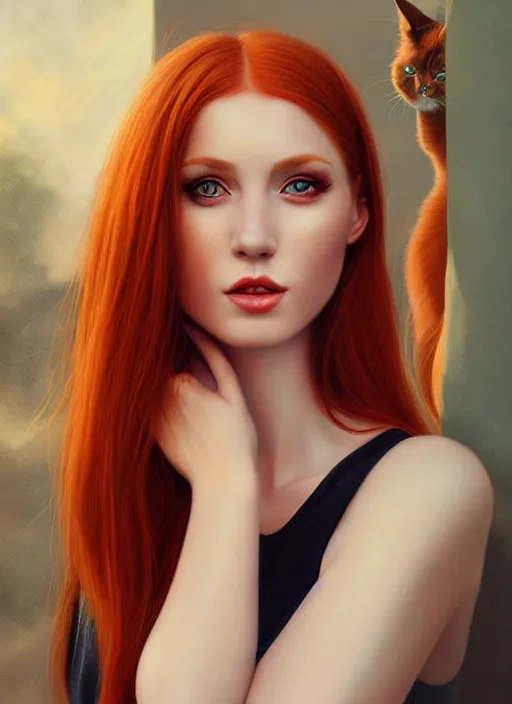 Image similar to portrait photo of a gorgeous young redhead woman with cat eyes in the style of stefan kostic, realistic, sharp focus, 8k high definition, insanely detailed, intricate, elegant, art by stanley lau and artgerm