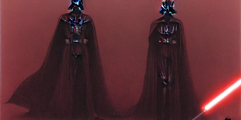 Prompt: Darth Vader with a red lightsaber by Beksinski, Luis Royo