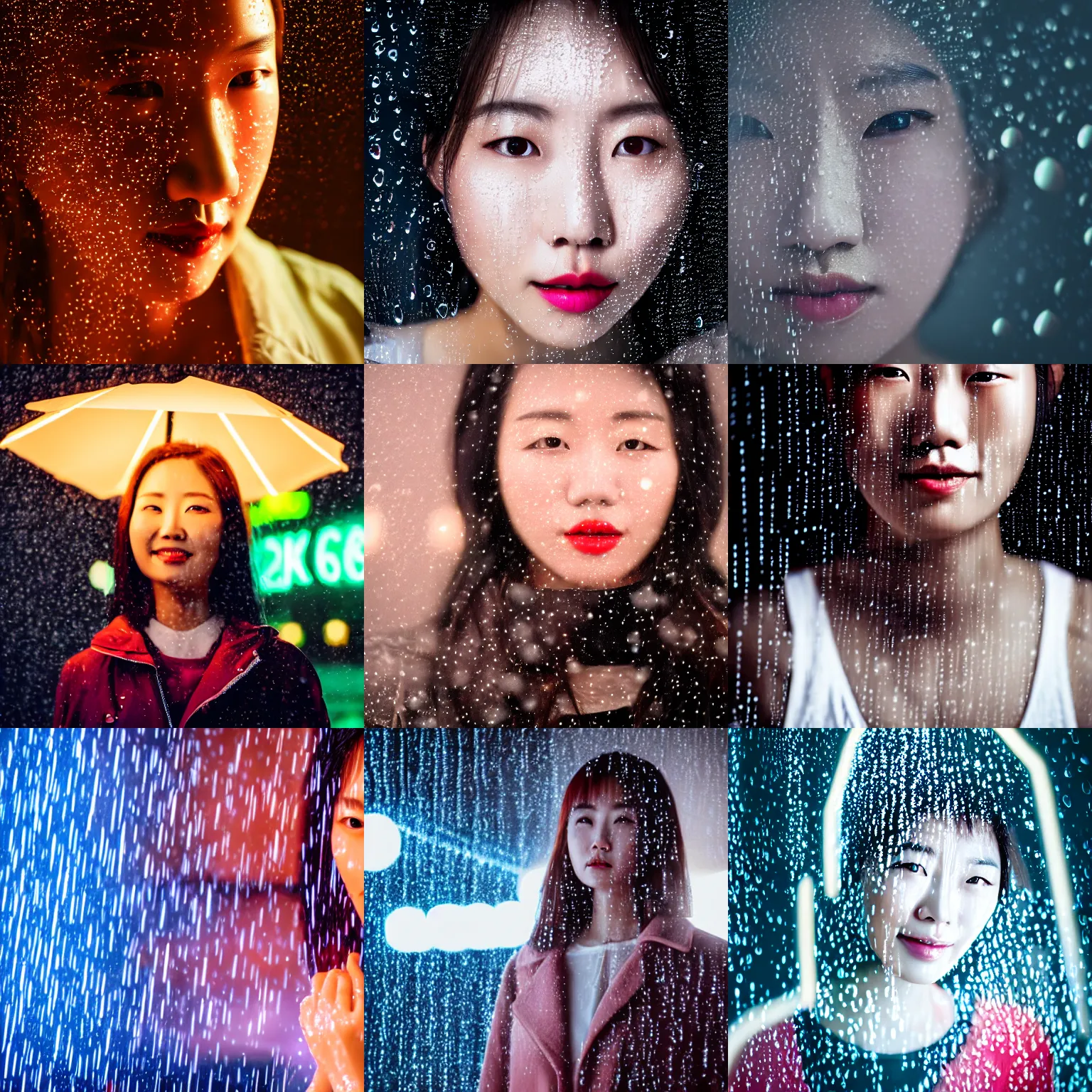 Prompt: close up 4K photo of a Korean woman, her face beautifully lit by a neon sign, raining, water droplets, highly atmospheric and foggy, shot on an arri lens