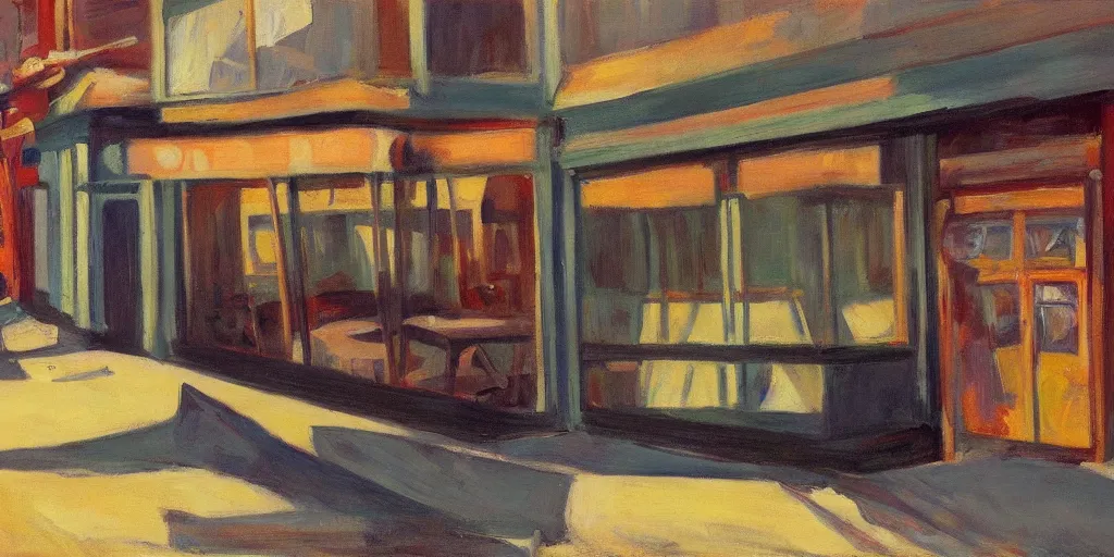 Prompt: monster truck flattening a diner, broken glass windows, city, night, Edward Hopper