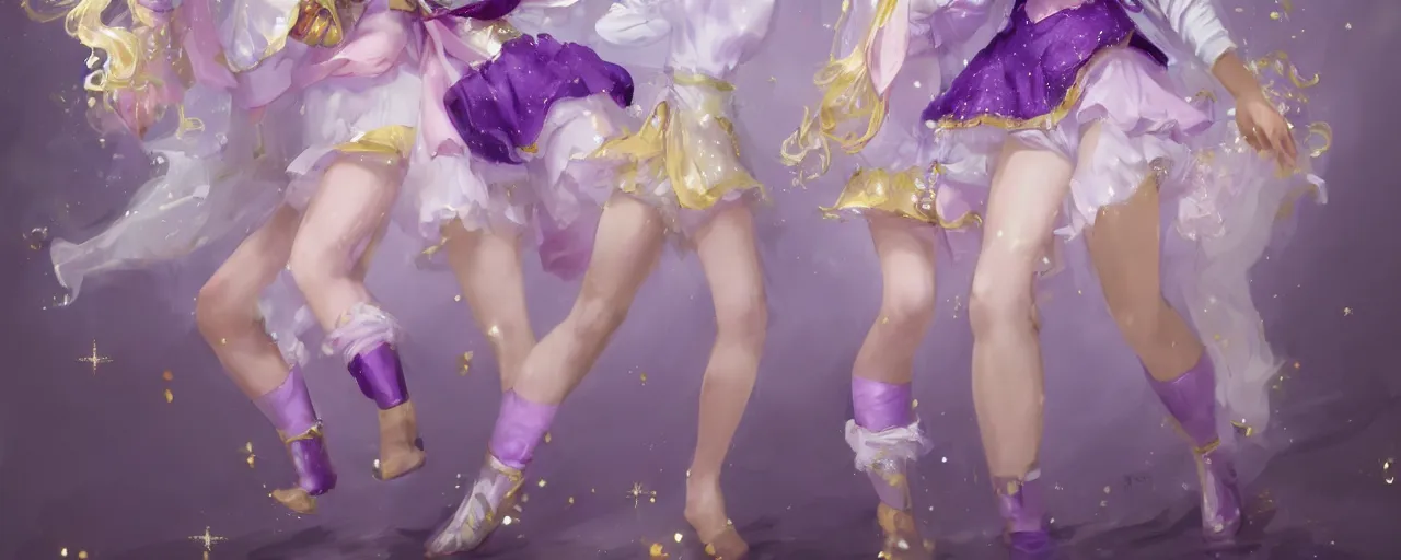 Image similar to Full View of a mysterious kpop fairy maidens with short blond hair wearing an oversized purple Beret, Baggy Purple overall shorts, Short Puffy pants made of silk, silk shoes, a big billowy scarf, Golden Ribbons, white leggings Covered in stars. Short Hair. peasant magic. masterpiece 4k digital illustration by Ruan Jia and Mandy Jurgens and Artgerm and william-adolphe bouguereau, award winning, Artstation, art nouveau aesthetic, Alphonse Mucha background, intricate details, realistic, panoramic view, Hyperdetailed, 8k resolution, intricate art nouveau