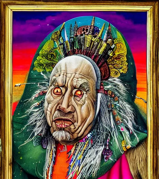 Image similar to Portrait painting in a style of Hieronim Bosch of an old shaman dressed in a colorful traditional clothes. Psychodelic