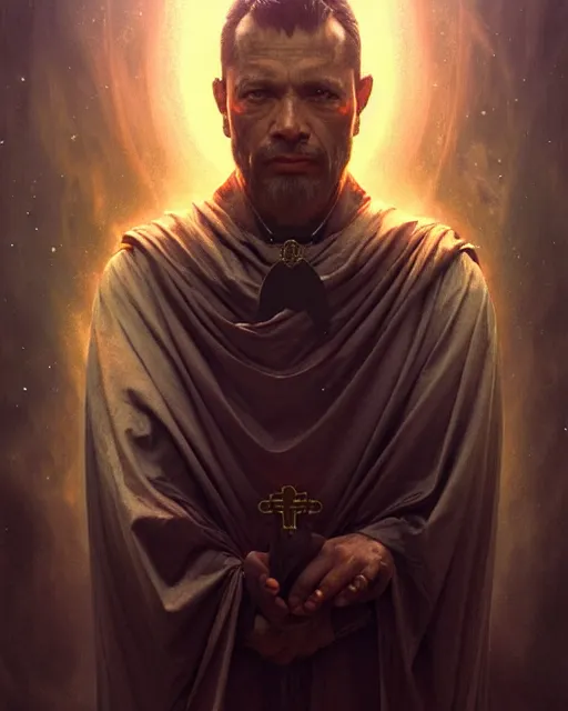 Image similar to realistic wide angle portrait of a nasty bishop, evil, heroic pose, beautiful face, full body, dramatic lighting, intricate, wild, highly detailed, digital painting, artstation, concept art, smooth, sharp focus, illustration, art by artgerm and greg rutkowski and alphonse mucha, footage from space camera