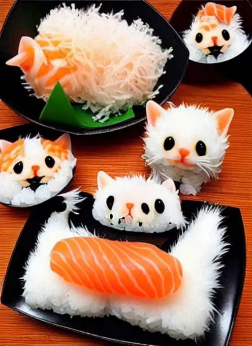 Image similar to clear photorealistic picture of adorable cats made out of sushi