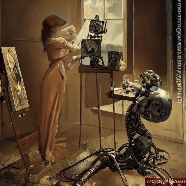 Image similar to robot artist painting a self - portrait on a canvas. intricate, highly detailed, digital matte painting, in the style of alexandros pyromallis, and in the style of boris groh, and in the style of hans thoma, and in the style of gil elvgren. irony, recursion, inspiration.