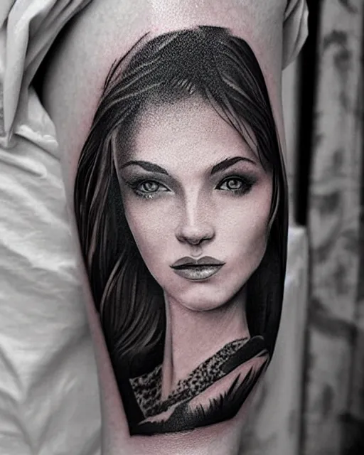 Image similar to tattoo design sketch of a beautiful woman face blended with a background of beautiful mountains, hyper - realistic, in the style of den yakovlev, amazing detail, black and white