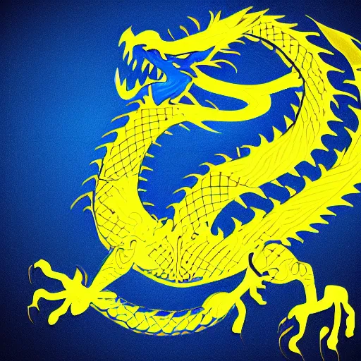 Image similar to illustration neon blue and yellow chinese dragon with ukraine background. trending on artstation