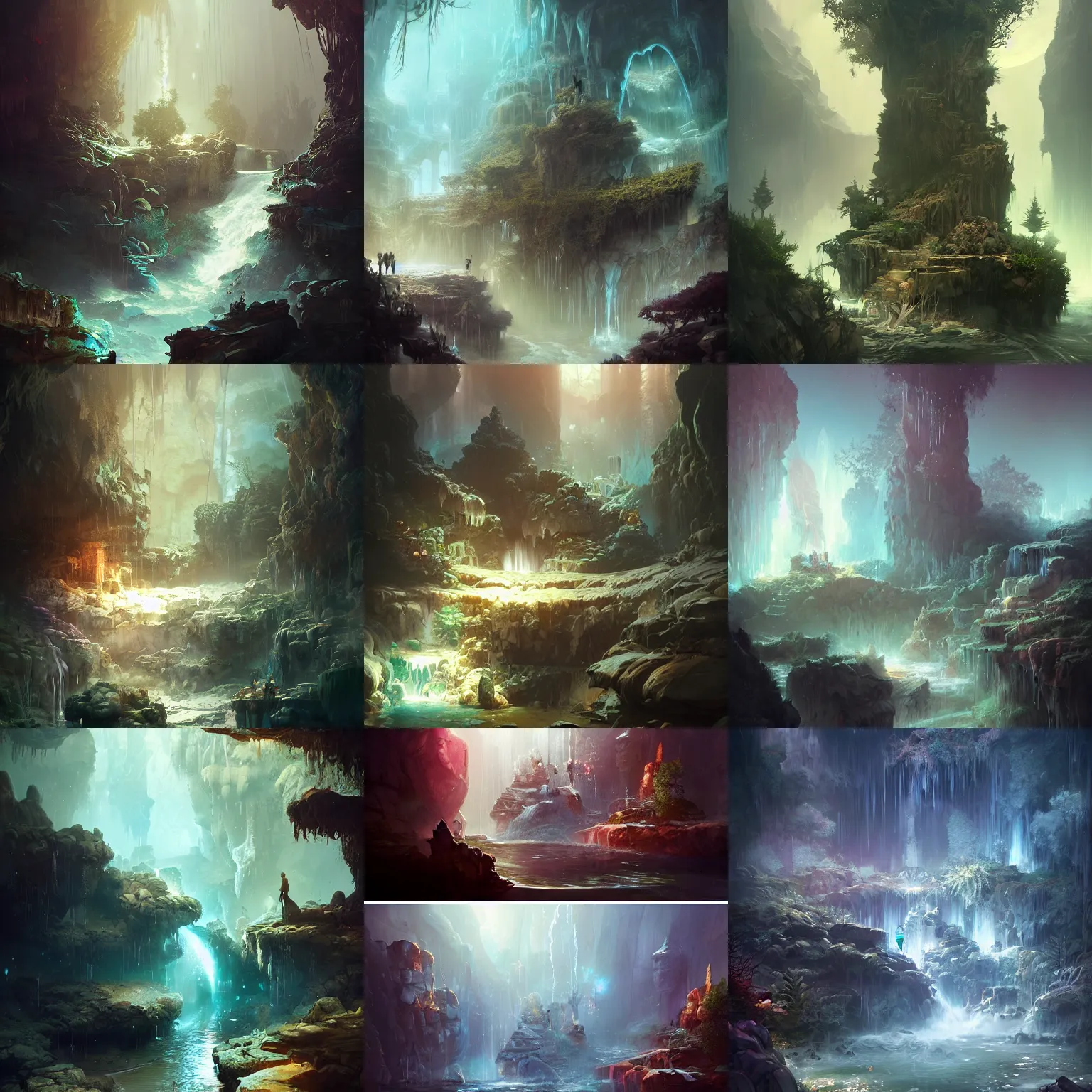 Prompt: beautiful flooding victorian caves, water flowing from side of rocks, crystals, treehouses, light dust, by peter mohrbacher dan mumford craig mullins nekro, cgsociety, pixiv, volumetric light, 3 d render