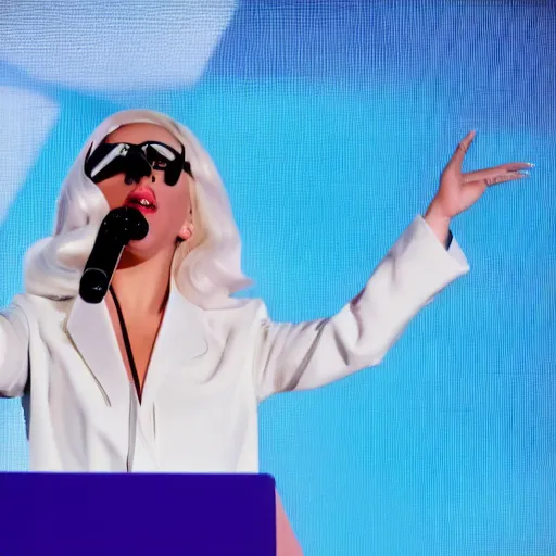 Image similar to Lady Gaga as president, Argentina presidential rally, Argentine flags behind, bokeh, giving a speech, detailed face, Argentina