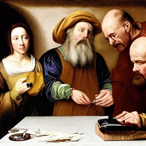 Image similar to walter white looking at a phone, renaissance painting