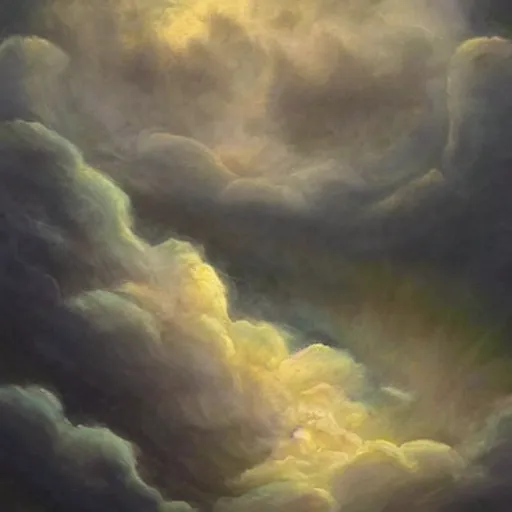 Image similar to clouds in the shape of a stern old man's face in a stormy sky. Beautiful fantasy oil painting