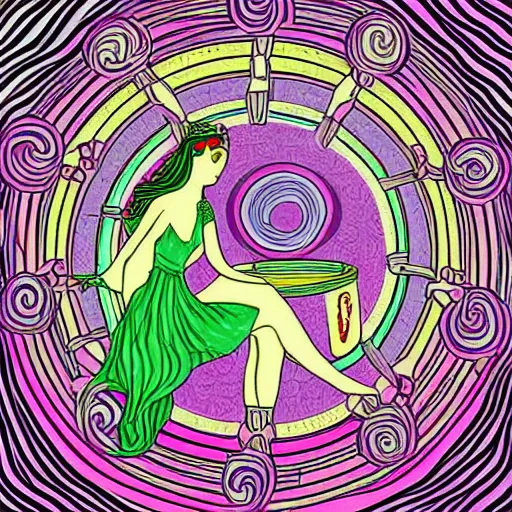 Image similar to goddess hera in a trippy room doodling rock symbols on the wall while aphrodite is making soup with rose petals inside a cauldron, digital art