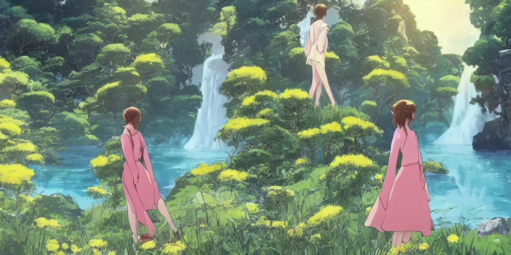 Prompt: emma watson in front of a lake with gardens and waterfall vibrant highlights sharp contrast trending pixiv fanbox by alex ross by victo ngai james gurney makoto shinkai takashi takeuchi studio ghibli