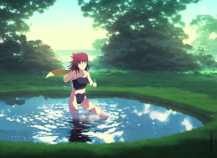 Image similar to portrait of hinata training in a pond at night, rule of thirds, illustration concept art anime key visual, trending pixiv fanbox by wlop and greg rutkowski and makoto shinkai and studio ghibli and kyoto animation