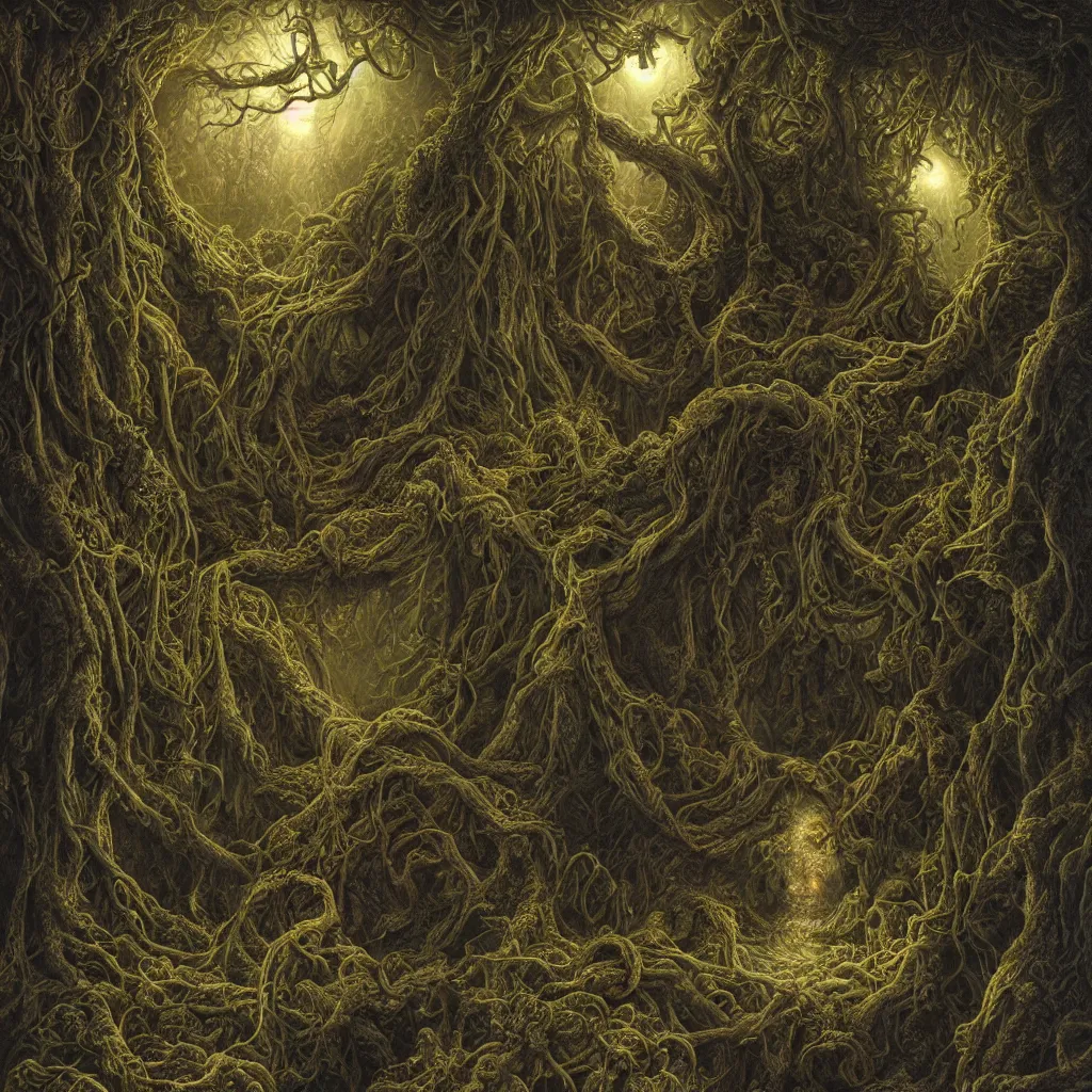 Image similar to Photorealistic shoggoth in the garden of eden in the style of Michael Whelan and Gustave Dore. Hyperdetailed photorealism, epic scale, misty, 108 megapixels, amazing depth, glowing rich colors, powerful imagery, psychedelic Overtones, 3D finalrender, 3d shading, cinematic lighting, artstation concept art