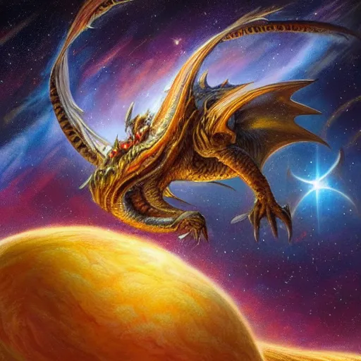 Prompt: A beautiful conceptual art of a dragon in space by Justin Gerard. The dragon is in the foreground with its mouth open, revealing rows of sharp teeth. Its body is coiled and ready to strike, and its tail is wrapped around a star in the background. The colors are bright and the background is full of stars and galaxies. The overall effect is one of chaotic energy and movement. stonepunk, catholicpunk by Anders Zorn ornate